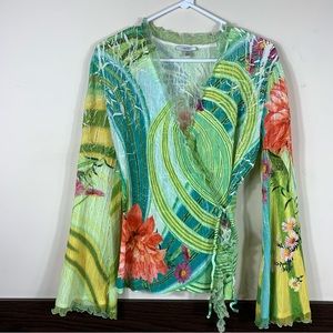Cache Floral Tropical Bell Sleeve Wrap Top Size Lg